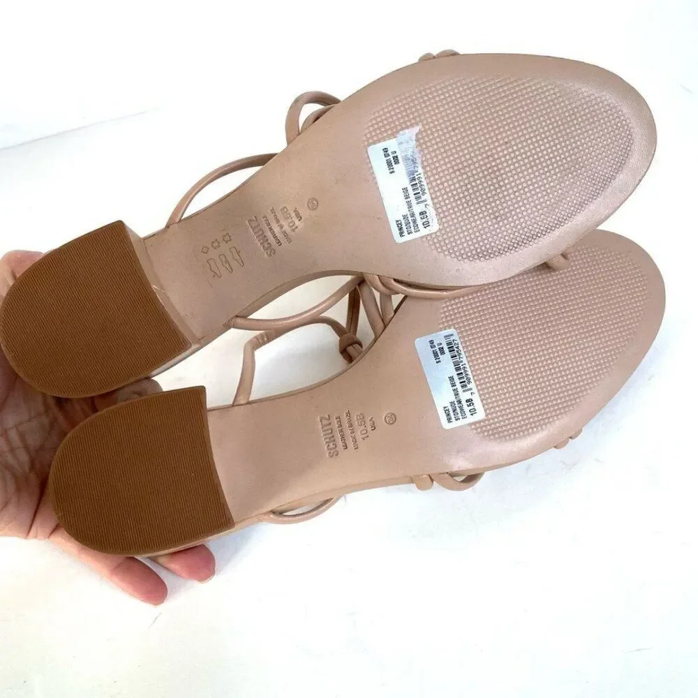 Schutz Princey Leather Strappy Block Heel Slide Sandals Nude Size 10.5 - Picture 9 of 10